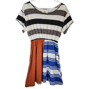 7389 * Rcycld Patchwork Colorblock Stripe Dress Black Blue Brown Size S